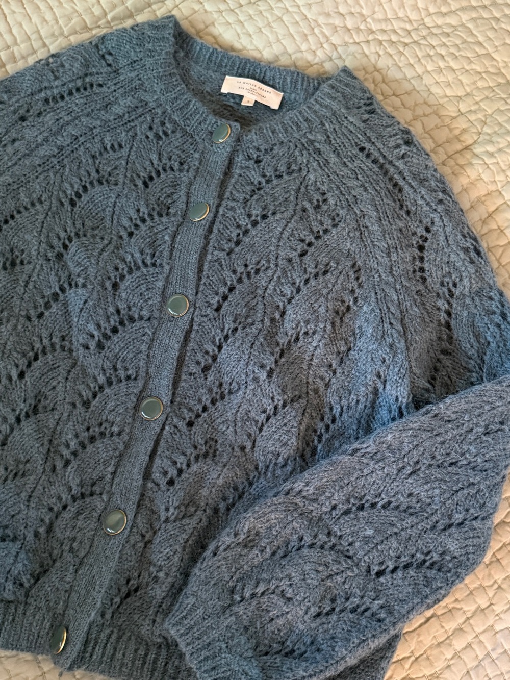 Sézane Knit Openwork Button-Front Sweater Cardigan — Teal Blue - Picture 2 of 6